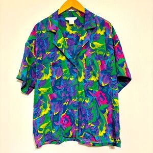 Preston & York Vintage Vibrant Multicolor Silk Button Down Shirt Deep V-Neck